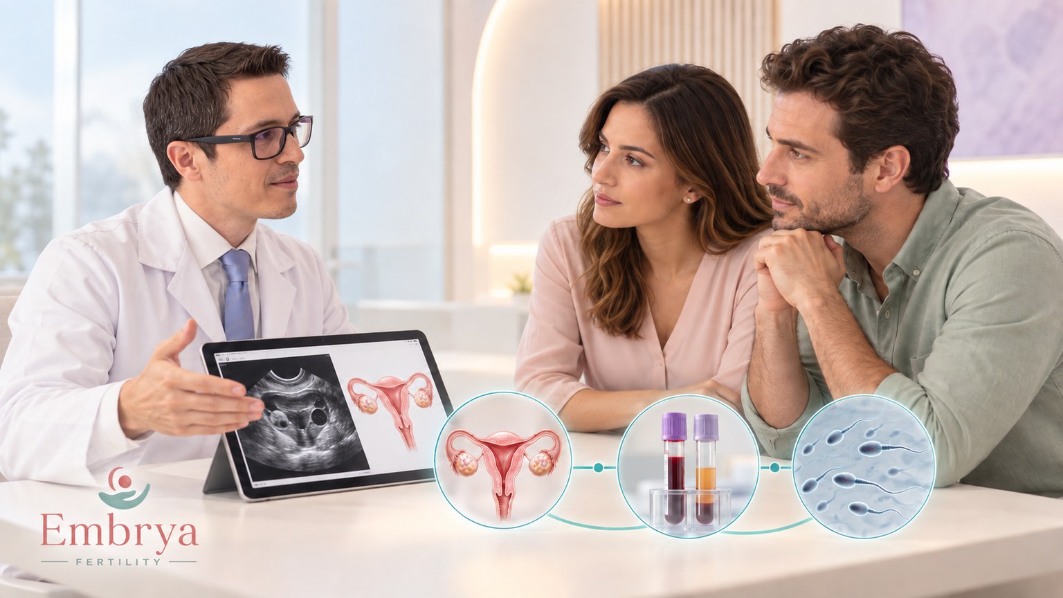 Un médico muestra una ecografía y un esquema del útero en una tablet a una pareja durante la consulta