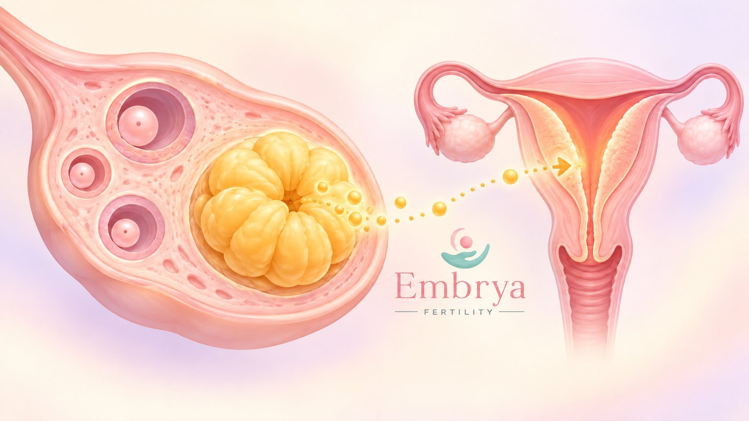 Ilustración de un ovario con un cuerpo lúteo amarillo y una flecha punteada hacia el útero