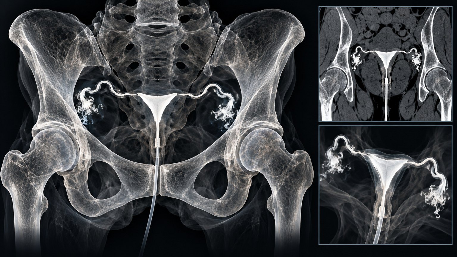 Ilustración tipo radiografía de la pelvis con el útero y las trompas de Falopio llenos de contraste, y una cánula que entra por el cuello del útero